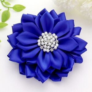 Blue Pearl Flower Brooch 5 Inch Ribbon Pendant Pin Hairpin Statement Accessory